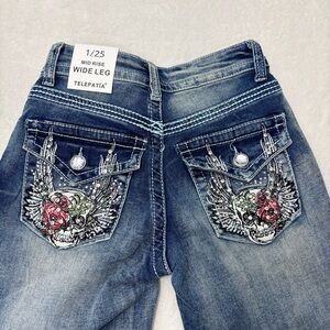 Telepatia Wide Leg‎ Skull Rose Rhinestone Women's Classic Blue Wide Leg Jeans